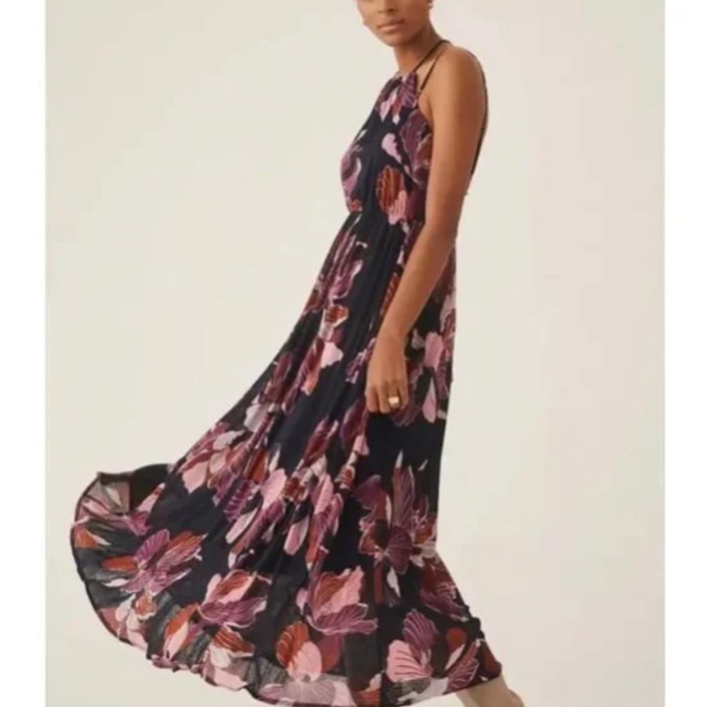 Anthropologie Women's Medium Elegant Tiered Halter Maxi Dress Floral Wedding